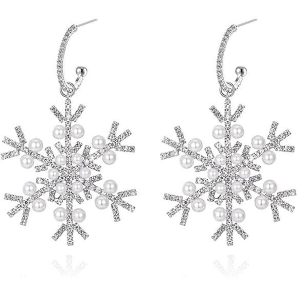 Pearl Snowflake Diamond Stud Silver Dainty Luxury Winter Christmas Mini Earrings - Picture 8 of 8